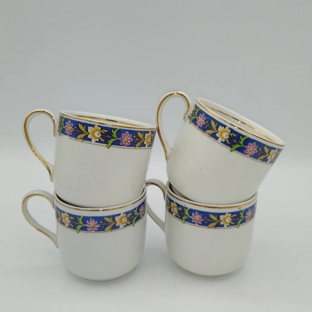 Johnson Brothers Oakworth Demitasse Gilt Gold Floral Tea Cups Set 4 Antique Vtg